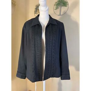 Vintage Blue Ice Black Faux Micro Suede Embroidered Open Front Blazer Size 8
